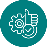 Icon depicting a gear and thumbs up symbolizing approval and efficiency, relevant to enhancing contractor visibility and authority in AI-driven project selection.