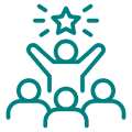 Icon depicting a person celebrating success with raised arms and a star above, representing achievement and leadership in a team context, relevant to enhancing contractor messaging and sales strategies.