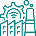 Industrial and mechanical systems icon featuring a factory silhouette, gear, and wireless signal, symbolizing high-pressure execution environments and credibility in technical sales for contractors.