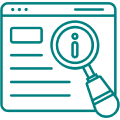 Information icon with magnifying glass over a webpage, symbolizing website analytics and SEO services for B2B consulting and copywriting.